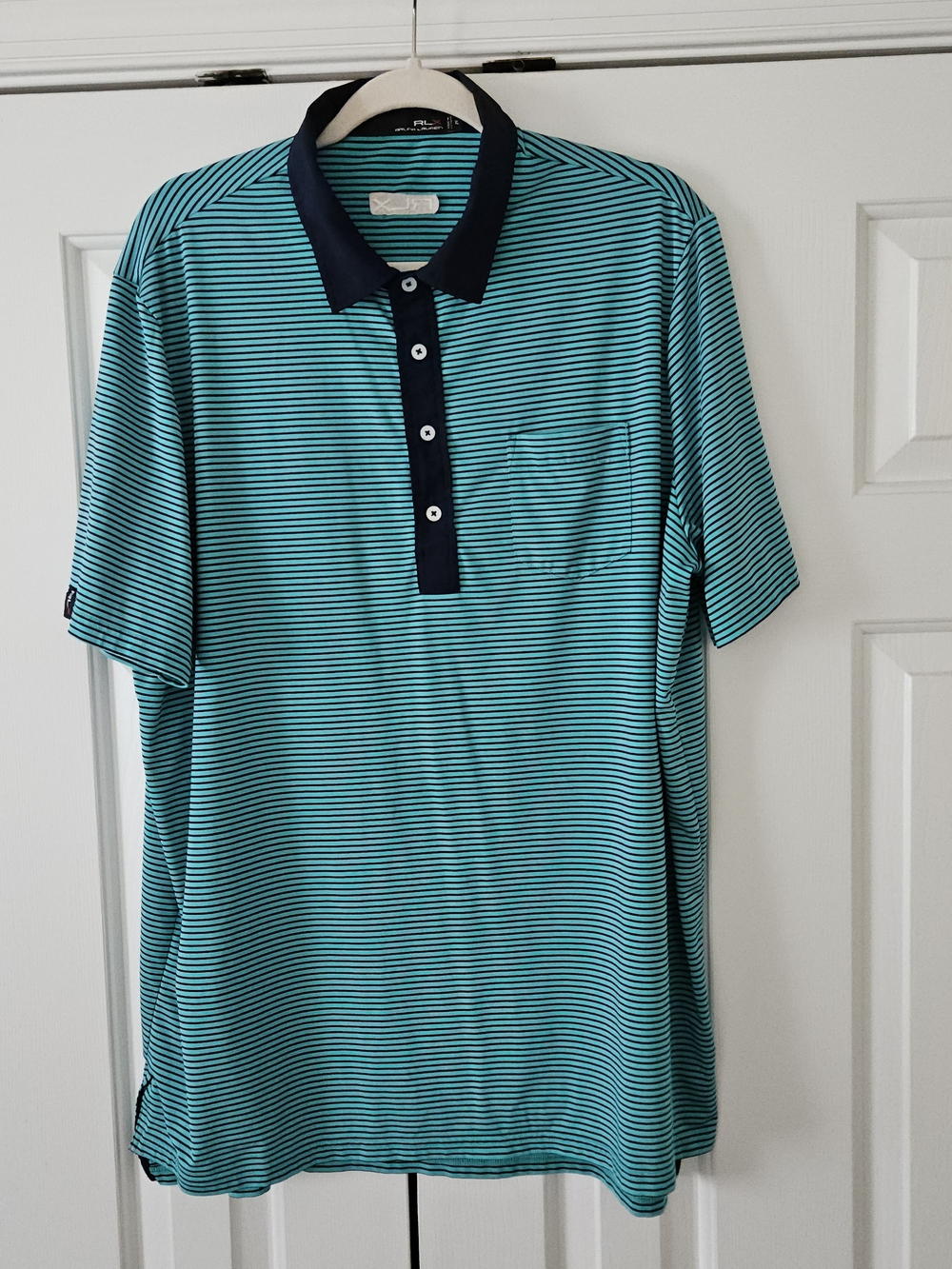 RLX Ralph Lauren Men's XL Turquoise Navy Striped Short Sleeve SEA ISLAND Polo.